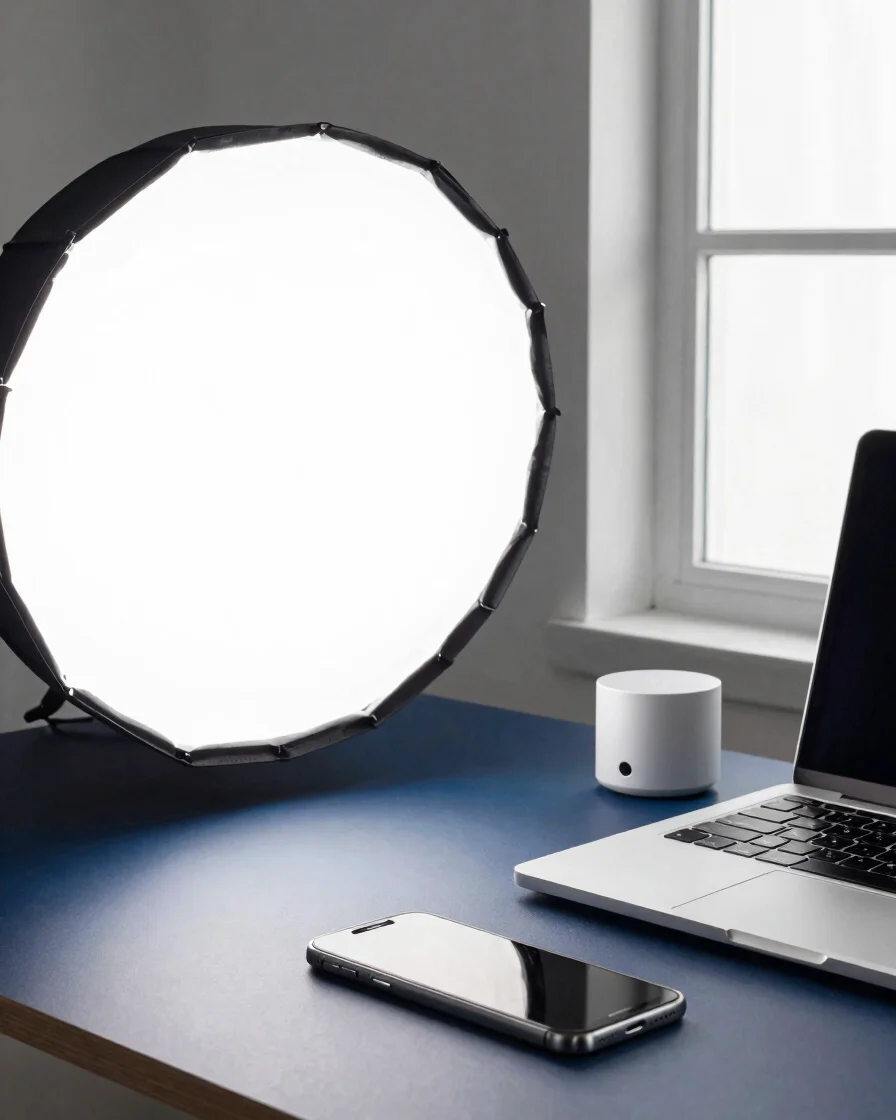 Editorial technology photography, crisp softbox light, a smartpho
